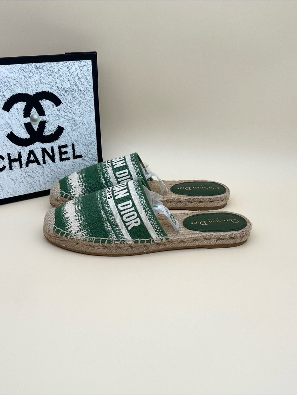 Dior Green Espadrille Slide Mules
